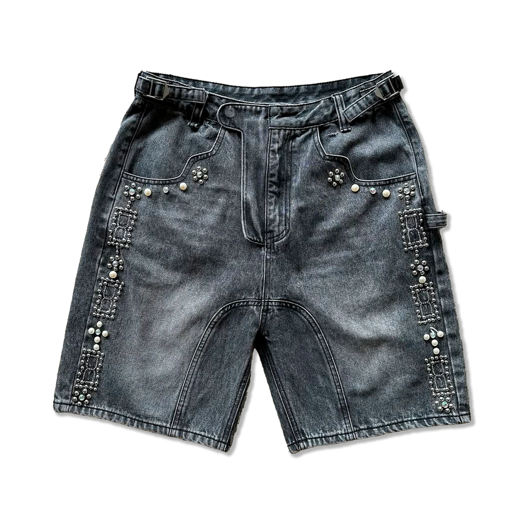 Pearl Embellished Denim Shorts "Black"