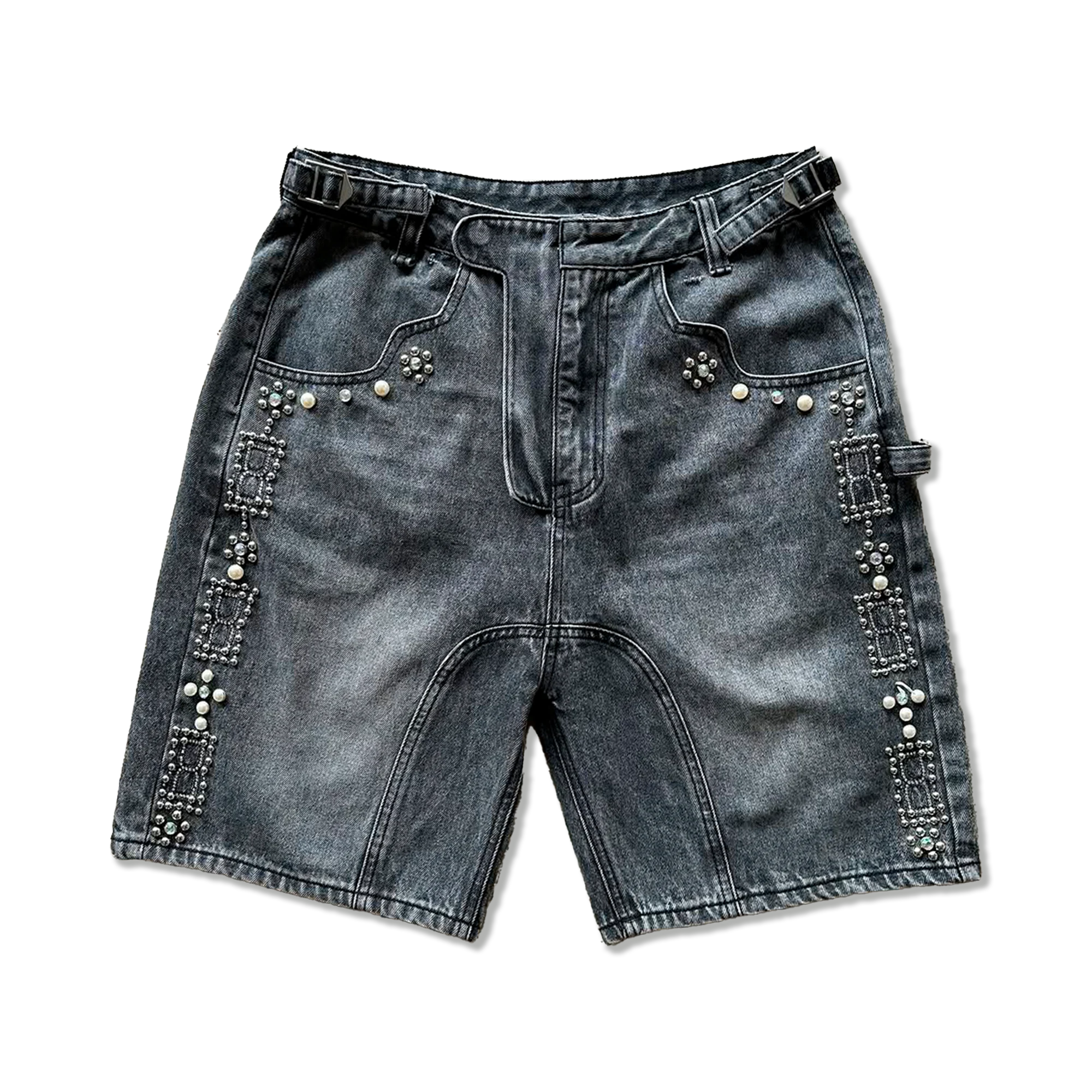 Pearl Embellished Denim Shorts "Black"