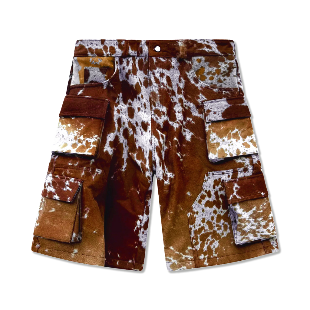 Cowhide Cargo Leather Shorts “Tan and White”
