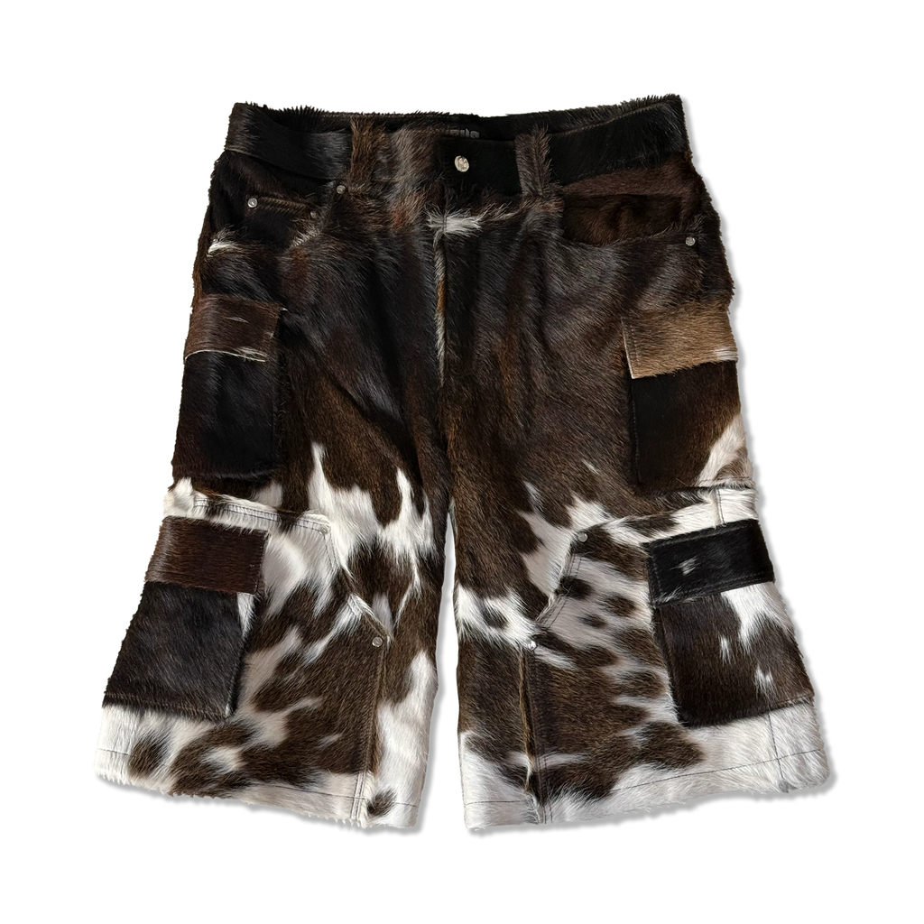 Utility Cowhide Cargo Leather Shorts “Brown and White”
