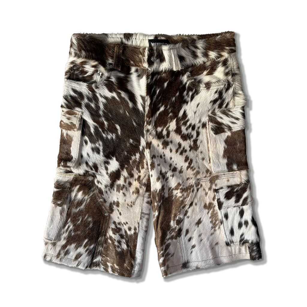 Cowhide Cargo Leather Shorts “Tan and White”