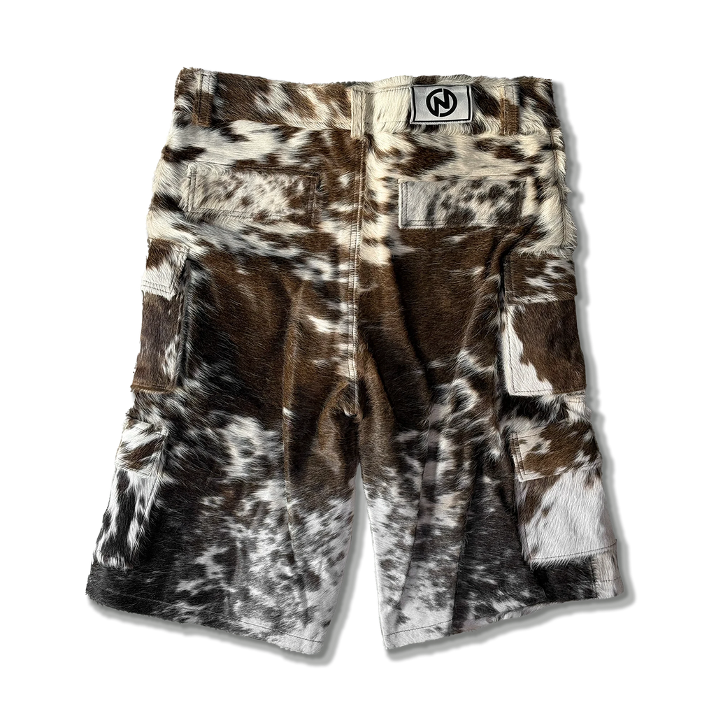 Cowhide Cargo Leather Shorts “Tan and White”