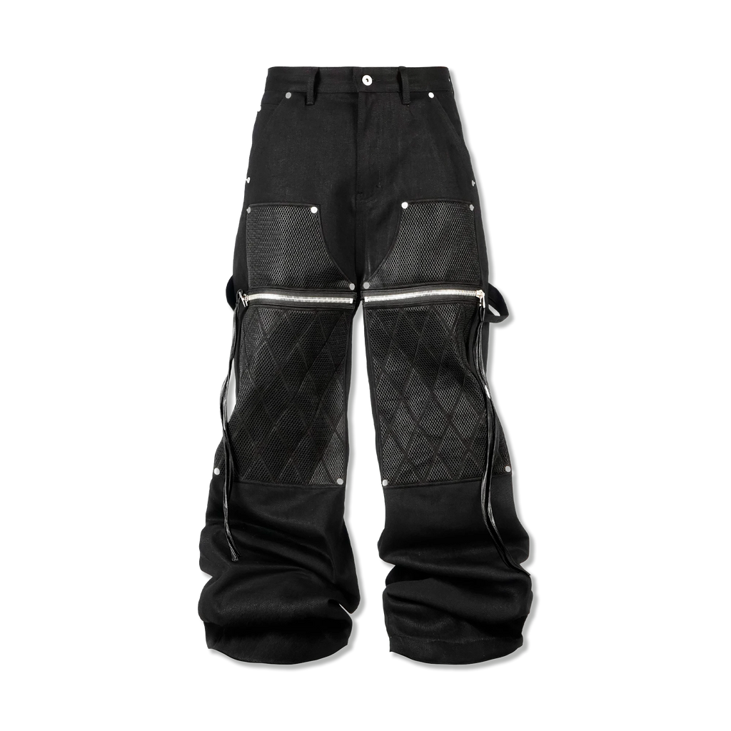 Mesh Panel Straight Waxed Denim "Black"