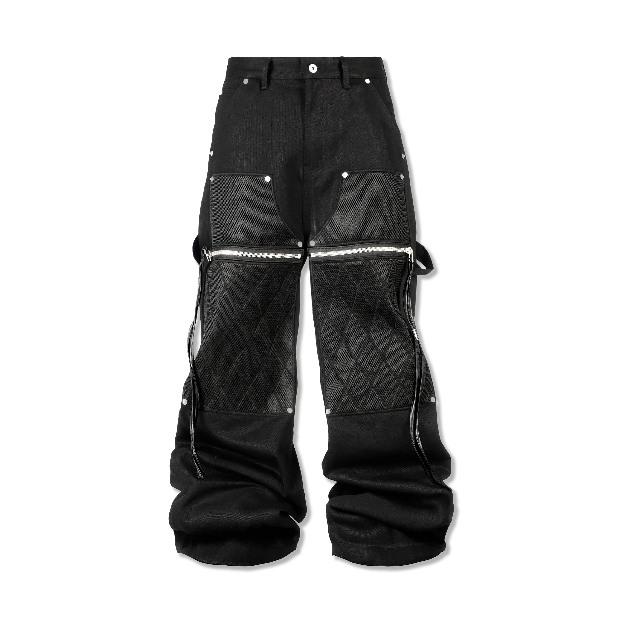 Mesh Panel Straight Waxed Denim "Black"