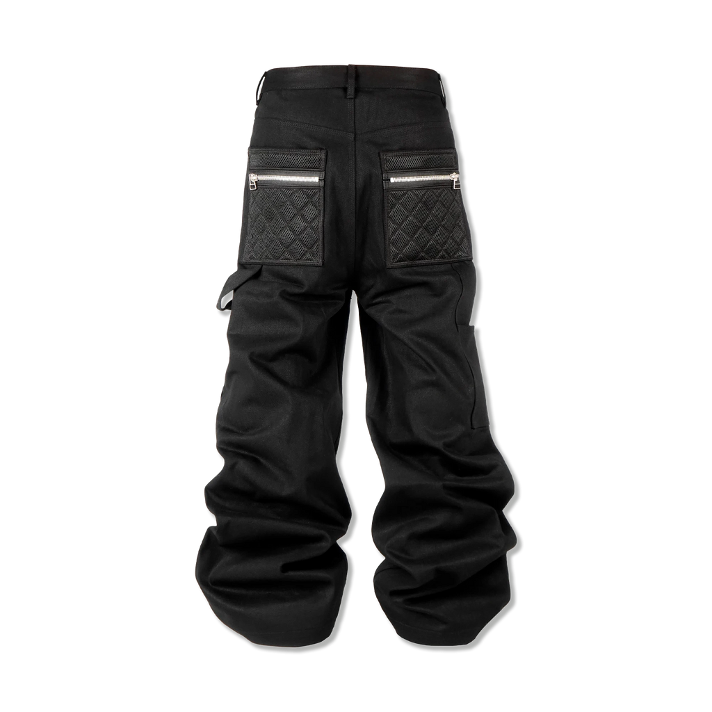 Mesh Panel Straight Waxed Denim "Black"